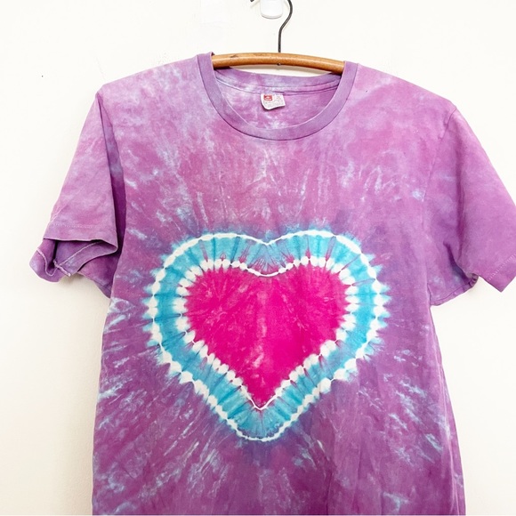 Vintage 90s Tie Dye Heart Pattern T-Shirt Single Stitch Purple Size Large Unisex - Picture 7 of 8